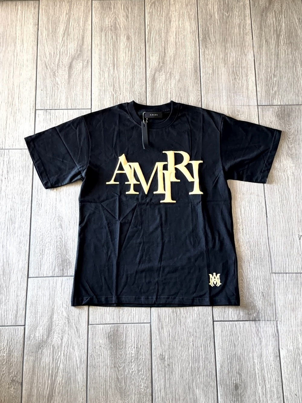 AMIRI Black Tee with Yellow Staggered Logo Size Medium
